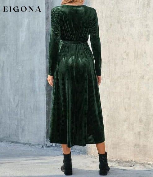 Tie Front Long Sleeve Slit Dress A@Y@Y clothes Ship From Overseas