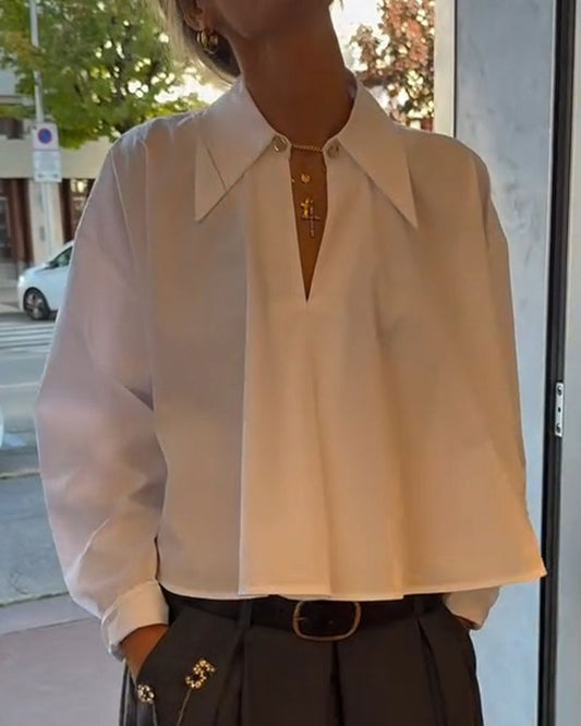 Lapel V-Neck Cropped Long Sleeve Blouse 2024 f/w blouses & shirts spring