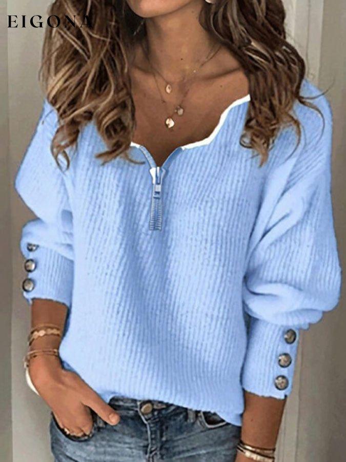 Women's Solid V-Neck Zip Knit Loose Long Sleeve T-Shirt sweatshirts top tops