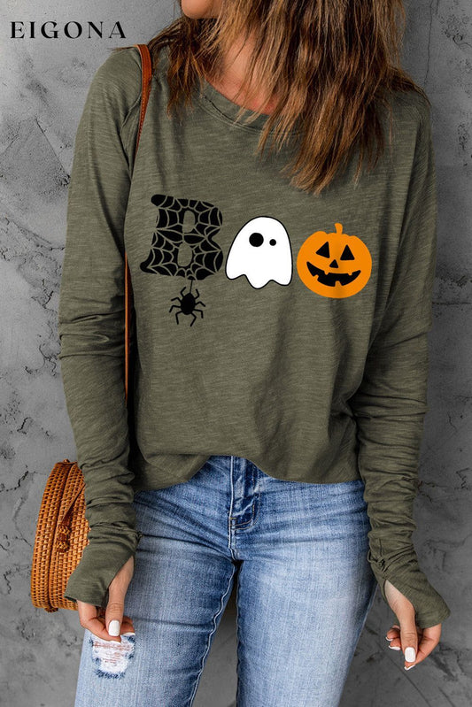 Halloween Graphic Long Sleeve T-Shirt Army Green clothes long sleeve top Ship From Overseas SYNZ trend