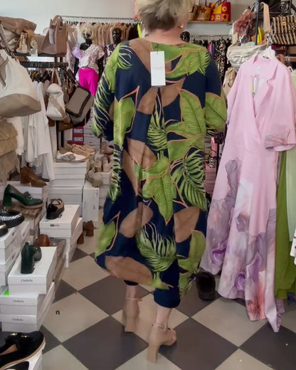 V-Neck Leaf Print Loose Dress