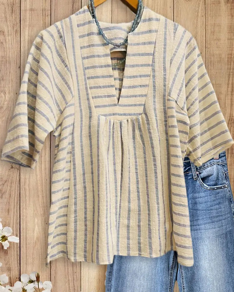 Stripe Texture Half Sleeve Relaxed Blouse