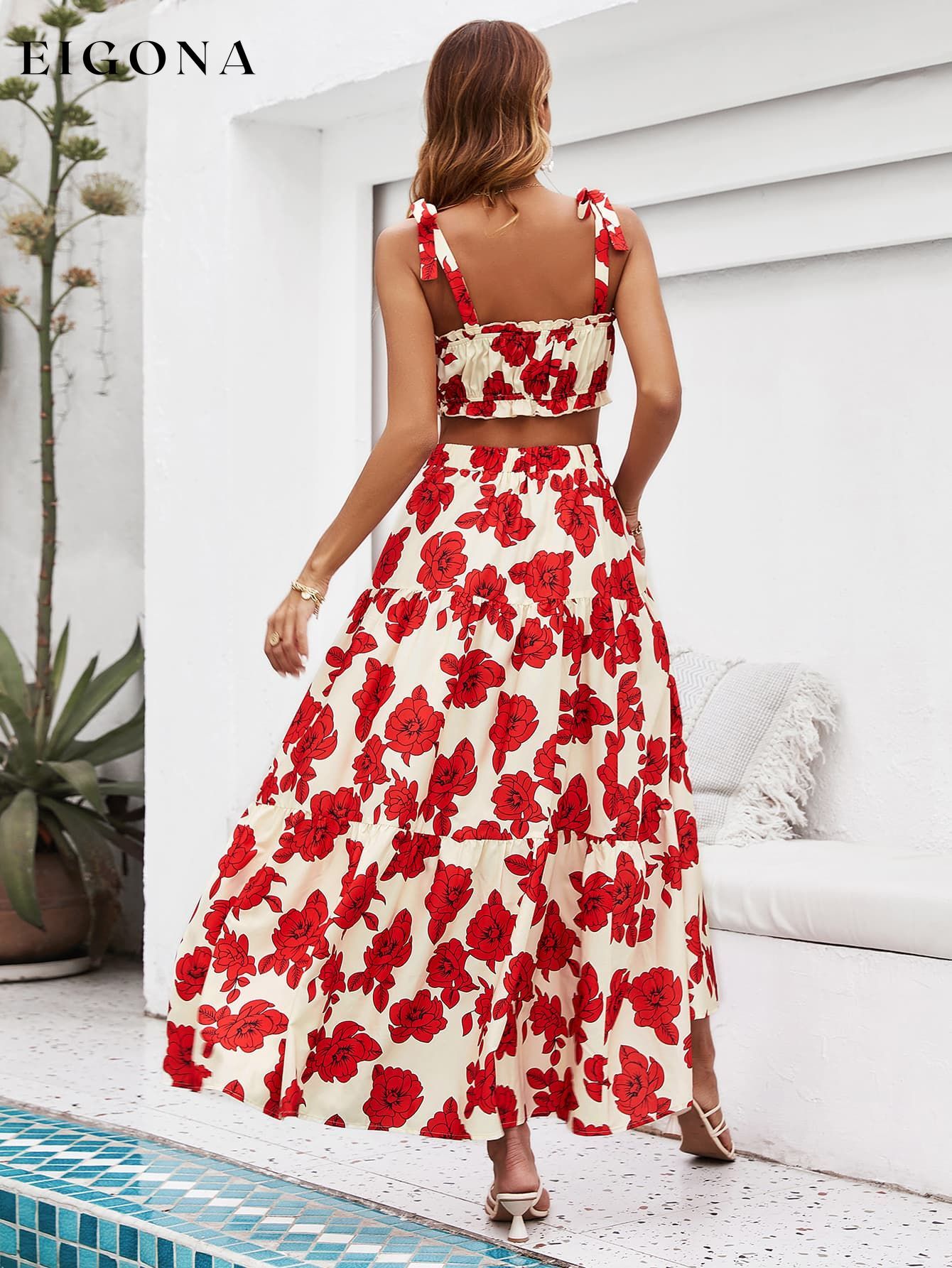 Floral Tie Shoulder Top and Tiered Maxi Skirt Set clothes crop top croptop Hanny sets Ship From Overseas Shipping Delay 09/29/2023 - 10/04/2023 skirts trend