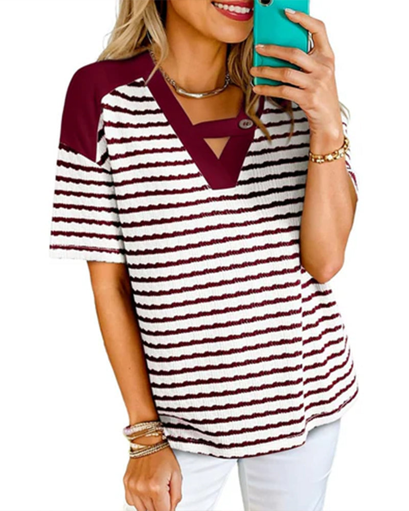 Hollow Out Striped Short Sleeve T-Shirt