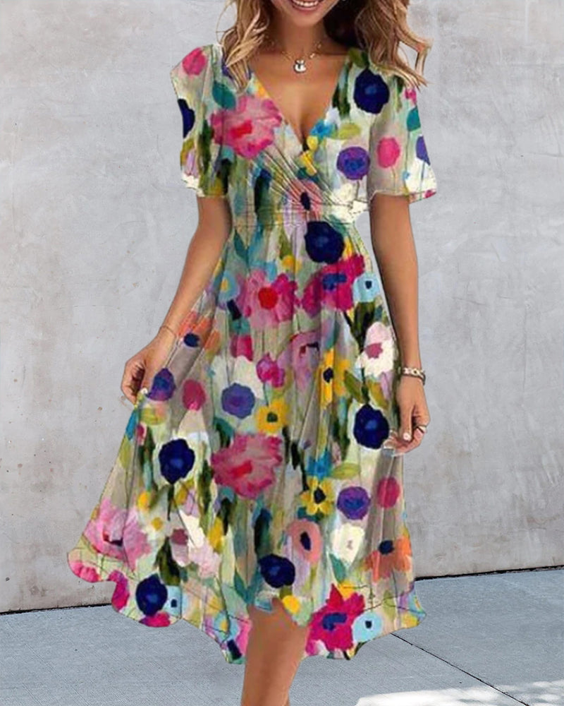 V-neck colorful printed dress summer vacation dresses