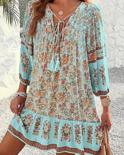 V-Neck Tie Ruffle Floral Dress