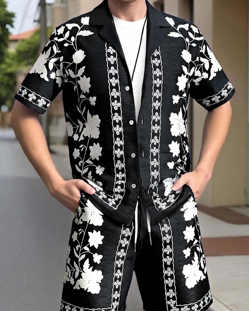 Men's Blue Porcelain Button Front Short Sleeve Set