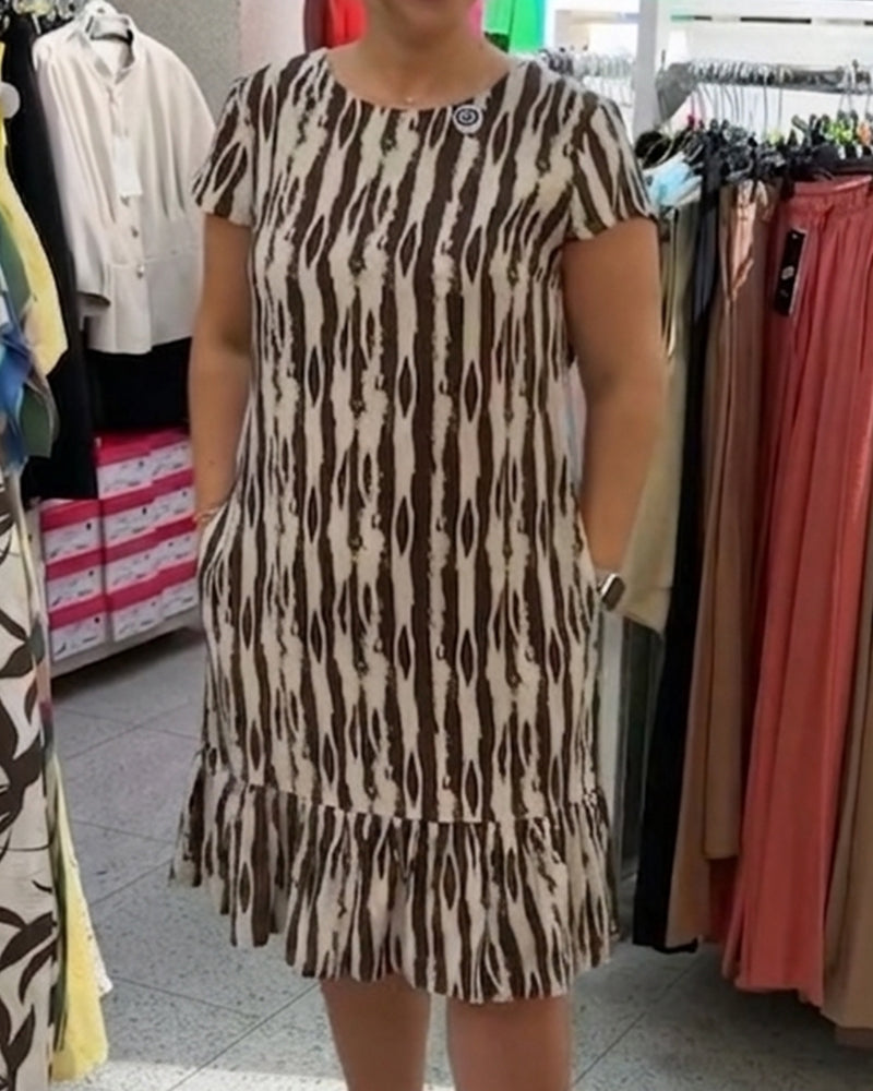 Round Neck Printed Short-Sleeve A-Line Dress casual dresses spring summer