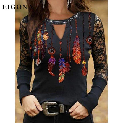 Ladies Fashion Retro Lace Stitching Printed Long Sleeve Top top tops