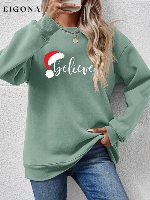 BELIEVE Graphic Long Sleeve Holiday Christmas Sweatshirt Sage Changeable christmas sweater clothes Ship From Overseas