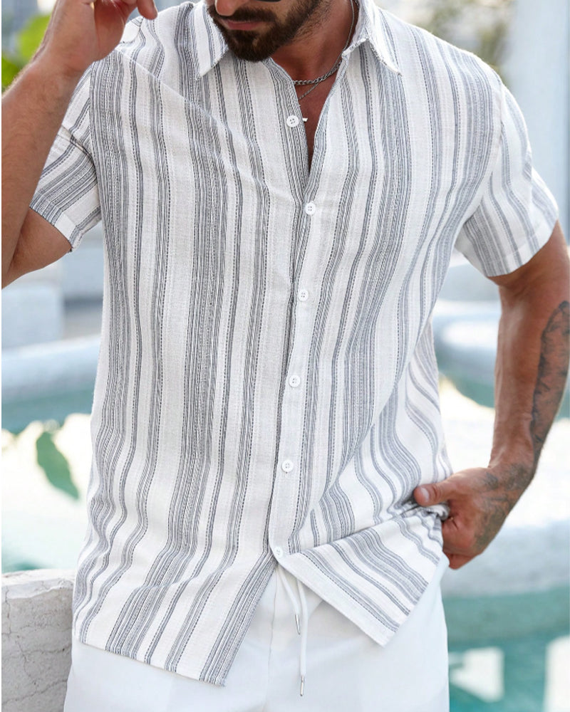 Men's Lapel Striped Button-Front Short Sleeve Shirt