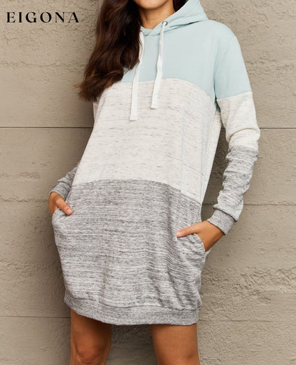 Full Size Color Block Dropped Shoulder Hooded Mini Dress Pastel Blue clothes lounge wear loungewear Ninexis Ship From Overseas Shipping Delay 09/29/2023 - 10/02/2023 Sweater sweaters trend