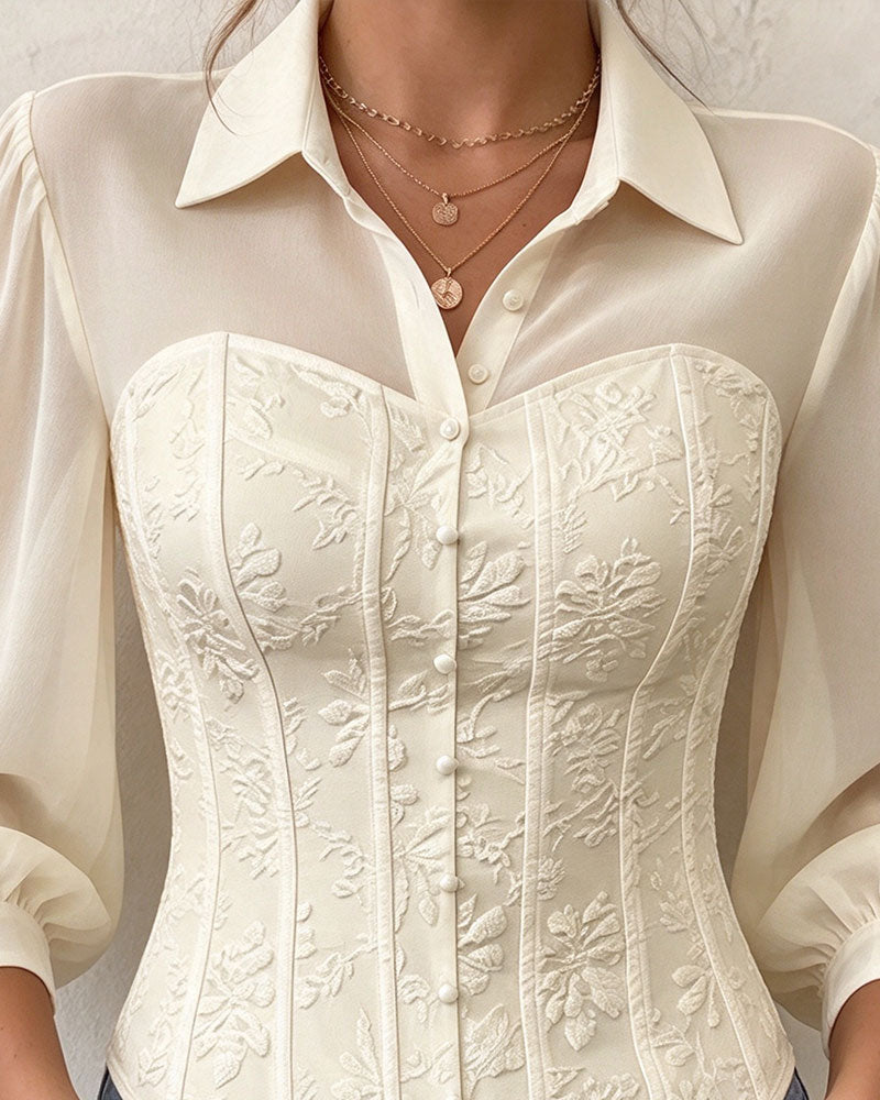 Lapel Buttoned Waist Slim Fit Blouse