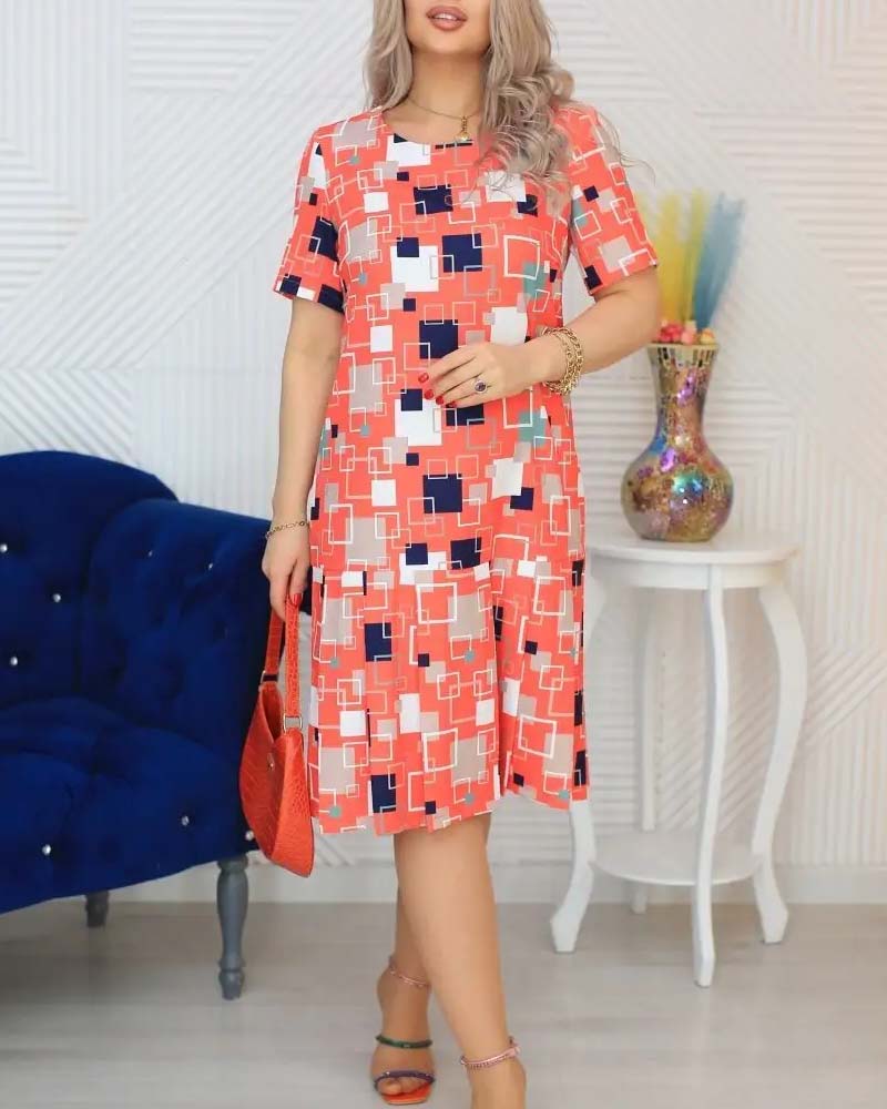 Casual square printed short-sleeve dress 202466 casual dresses spring summer