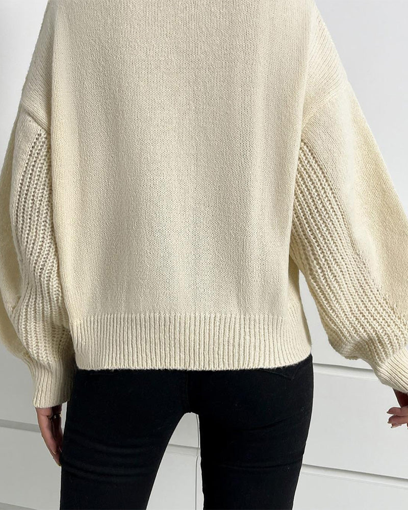 V-Neck Solid Color Cable Knit Pullover