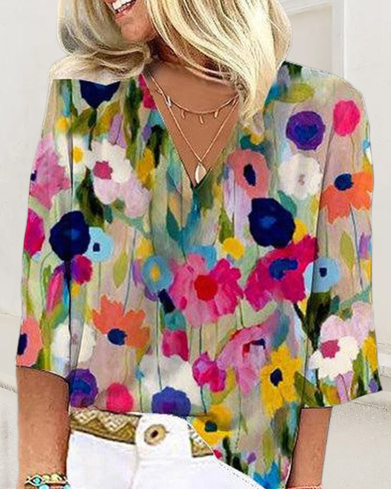Colorful floral print V-neck three-quarter sleeve casual shirt blouses & shirts spring summer