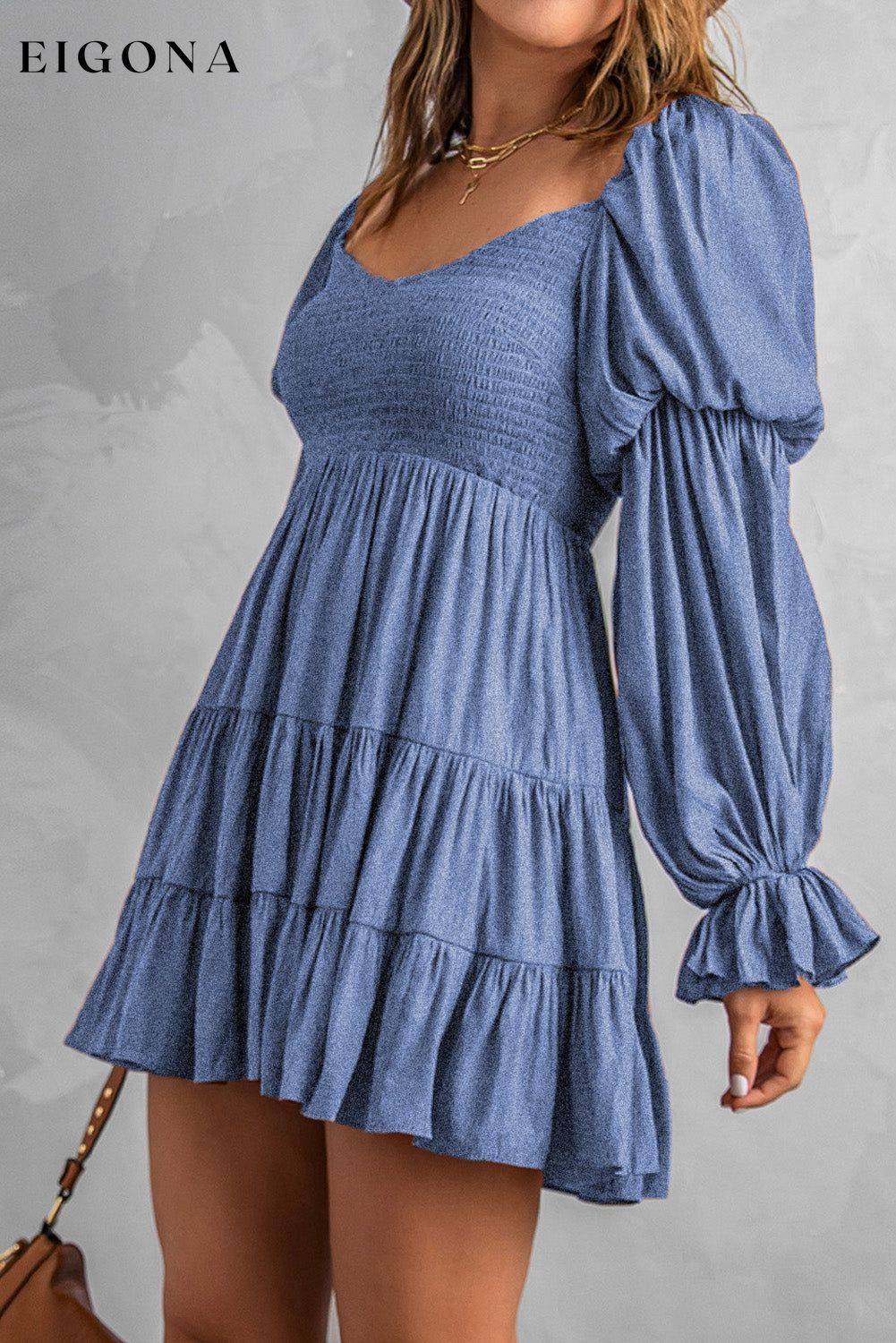 Smocked Off-Shoulder Tiered Mini Dress casual dress casual dresses clothes dress dresses long sleeve dress long sleeve dresses Ship From Overseas short dresses SYNZ