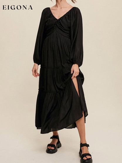 Black V Neck Bowknot Cutout Frill Tiered Maxi Dress All In Stock clothes dress dresses EDM Monthly Recomend Fabric Sheer long sleeve dress long sleeve dresses maxi dress maxi dresses Occasion Daily Print Solid Color Season Spring Silhouette A-Line Style Southern Belle