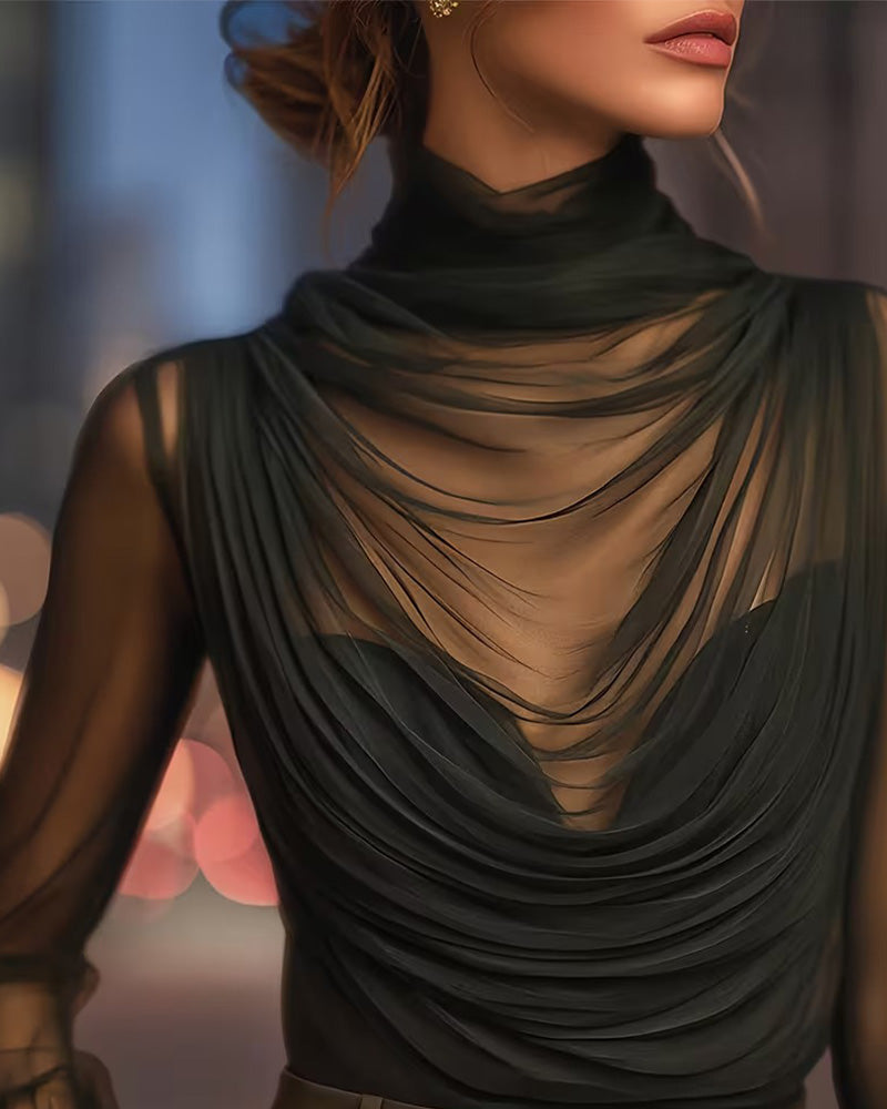 Mesh High-Neck Sheer Ruched Blouse