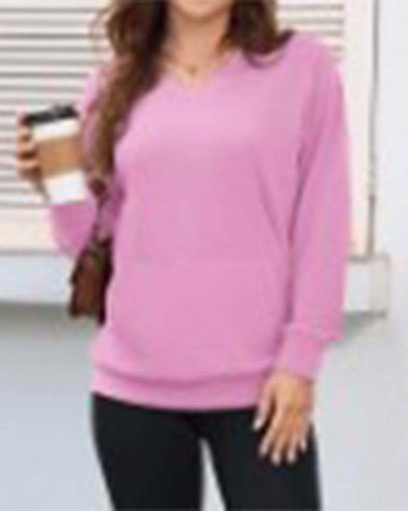 Solid Color V-Neck Loose Top