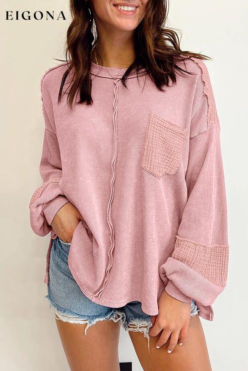 Waffle-Knit Exposed Seam Lantern Sleeve Blouse Blush Pink clothes Ship From Overseas SYNZ