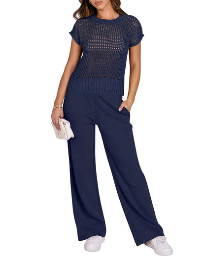 Open-Knit Short-Sleeve Top & Wide-Leg Pants Set