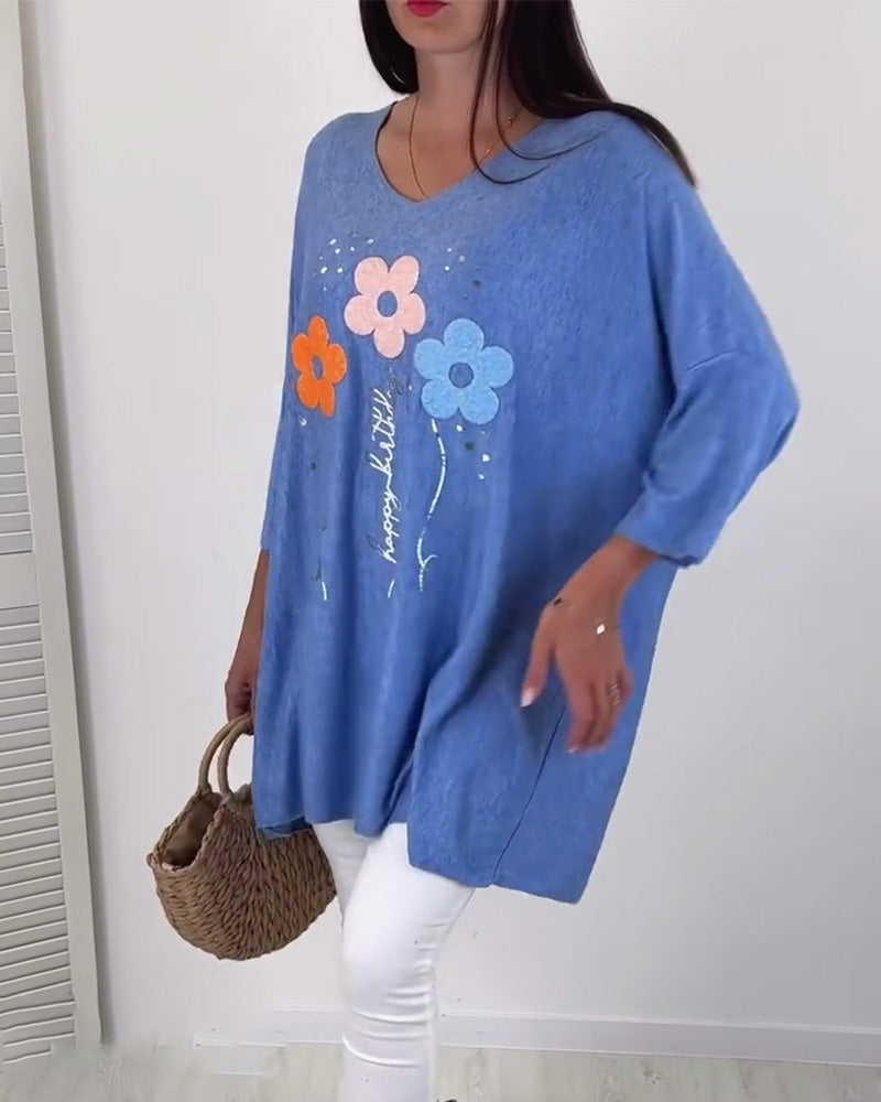 Casual floral print V-neck loose top 2024 f/w blouses & shirts spring