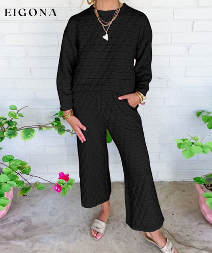 Black Solid Quilted Pullover and Pants Outfit All In Stock Best Sellers clothes Craft Quilted EDM Monthly Recomend Hot picks Occasion Home Print Solid Color Season Winter Silhouette Wide Leg Style Casual