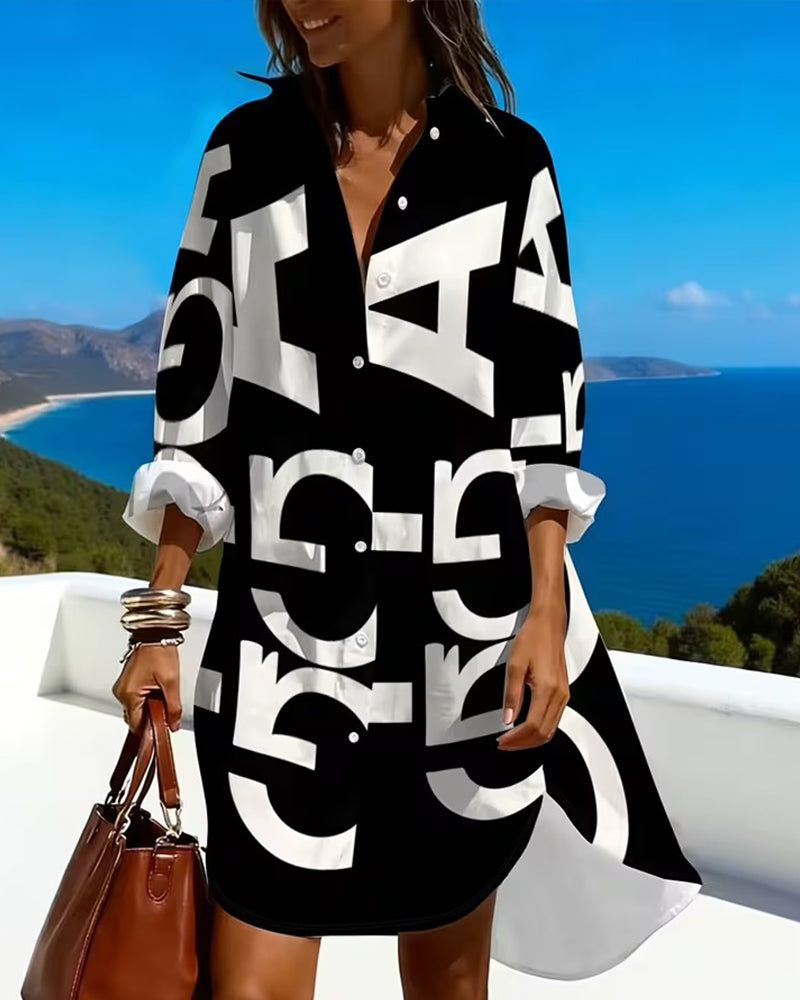 Letter Print Button Long Sleeve Dress
