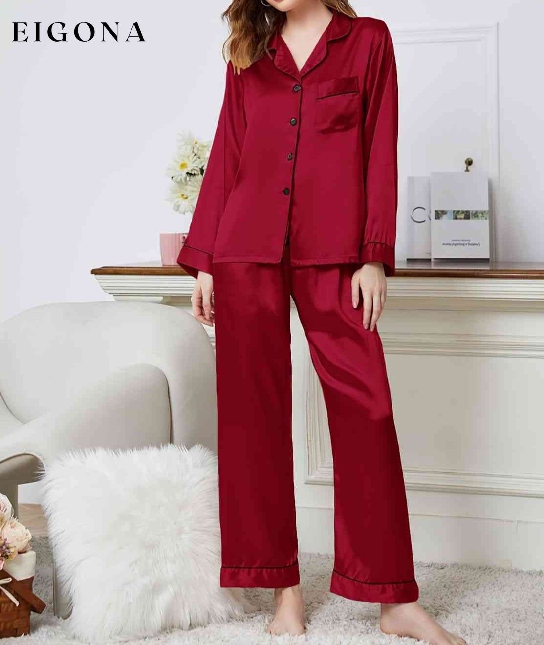 Lapel Collar Long Sleeve Top and Pants Pajama Set Deep Red clothes Daniel.L lounge wear loungewear pajamas Ship From Overseas