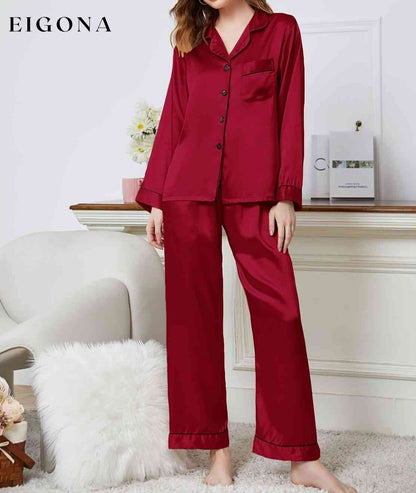 Lapel Collar Long Sleeve Top and Pants Pajama Set Deep Red clothes Daniel.L lounge wear loungewear pajamas Ship From Overseas