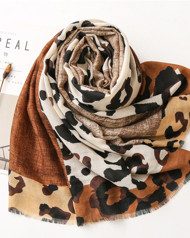 Women's Leopard Patchwork Print Fringe Shawl Scarf 2024 f/w accesories spring summer