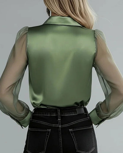 Lapel Collar Mesh Patchwork Long Sleeve Shirt