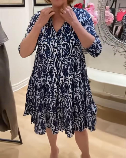 Stand Collar Printed Retro A-Line Dress