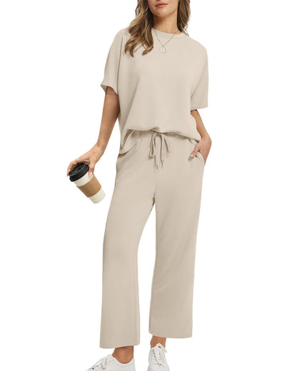 Solid Color Crew Neck Short-Sleeved Suit