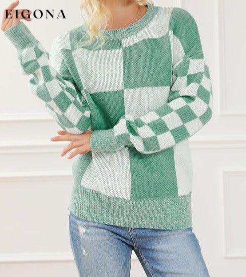 Checkered Drop Shoulder Long Sleeve Sweater clothes Ship From Overseas Sweater sweaters Sweatshirt SYNZ