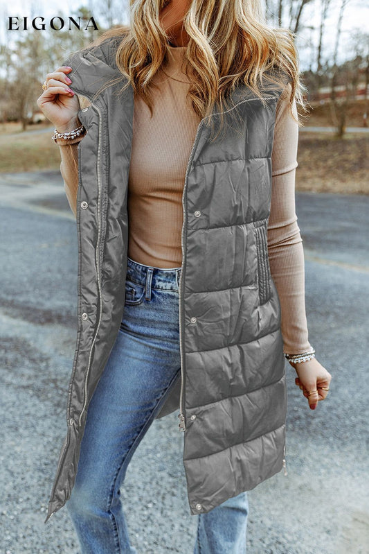 Dark Grey Hooded Long Quilted Vest Coat Dark Grey 100%Polyamide All In Stock clothes Craft Quilted DL Chic DL Exclusive Jackets & Coats long vest Occasion Daily Print Solid Color Season Winter Style Casual vest vests