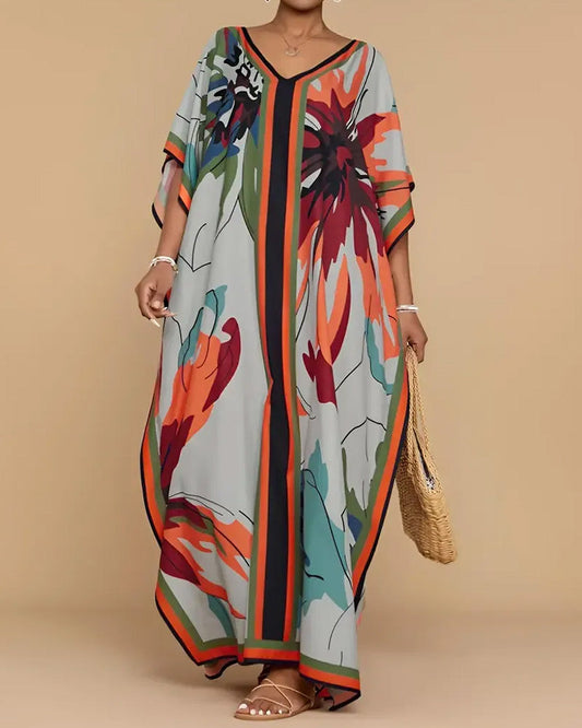 V-Neck Loose Print Resort Cover-Up Dress