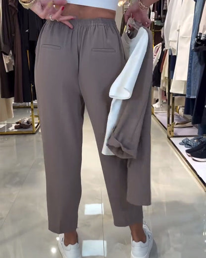 Solid-Color High-Waisted Drawstring Casual Pants