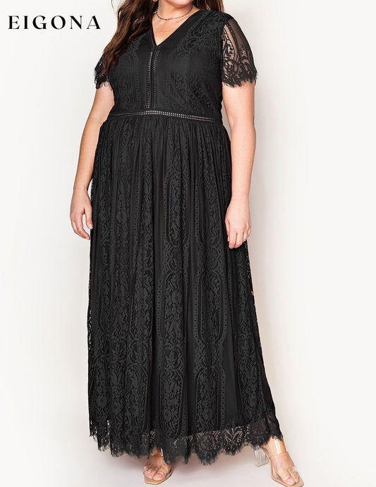 V-Neck Short Sleeve Lace Maxi Dress Black casual dress casual dresses clothes maxi dress maxi dresses Ship From Overseas SYNZ