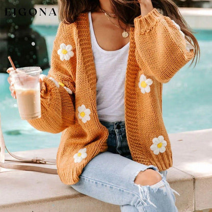 Light French Beige Flower Applique Bubble Sleeve Cardigan cardigan cardigans clothes Color Orange Craft Embroidery Occasion Daily Print Floral Print Vintage Floral Season Winter Style Southern Belle Sweater sweaters