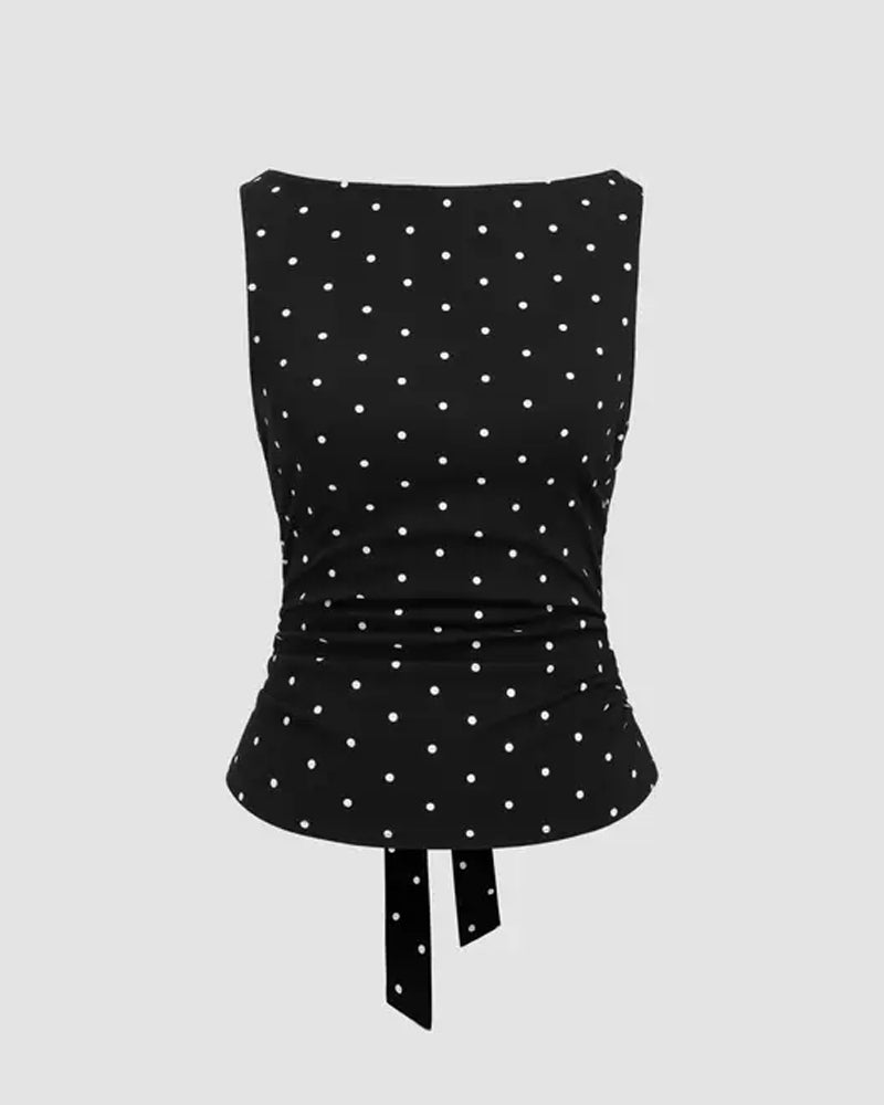 Polka Dot Boat Neck Side Pleat Tank Tops