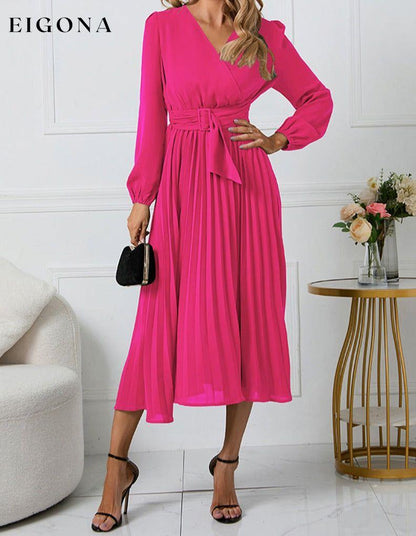 V-Neck Long Sleeve Tie Waist Midi Dress clothes H.Y.G@E Ship From Overseas Shipping Delay 09/29/2023 - 10/03/2023 trend