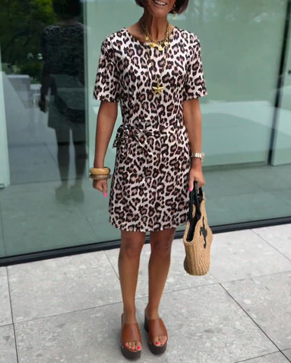 Round Neck Leopard Print Short Sleeve Dress