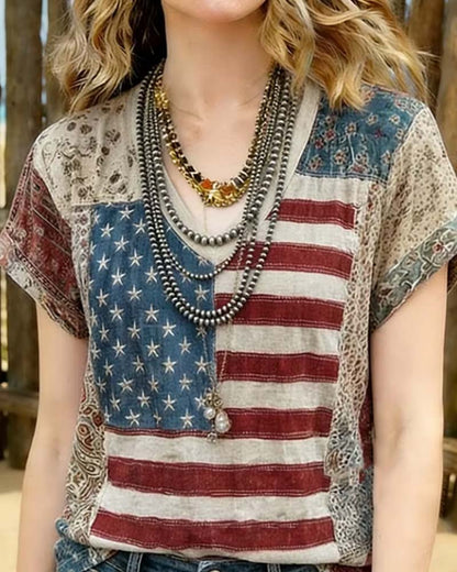 V-Neck Short-Sleeve Patchwork T-Shirt