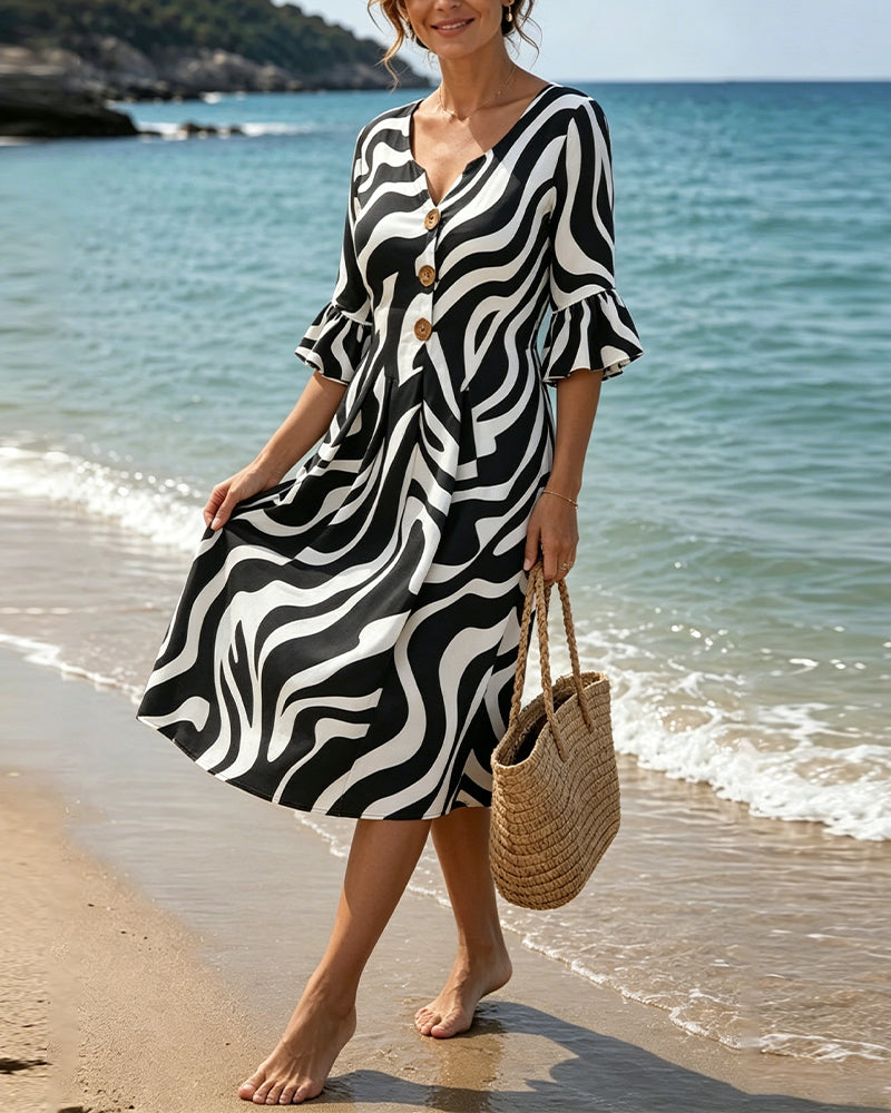 V-Neck Button Zebra Loose Dresses
