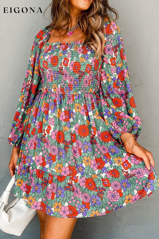Floral Smocked Bust Square Neck Ruffled Dress Multicolour 100%Polyester All In Stock casual dress clothes Color Multicolor Color Red Craft Smocked dress dresses long sleeve dress long sleeve dresses Occasion Daily Print Floral Season Spring short dresses Silhouette A-Line Style Southern Belle