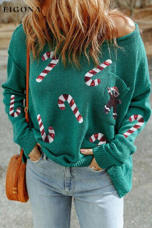 Sequin Candy Long Sleeve Christmas Sweater Mid Green christmas sweater clothes Ship From Overseas SYNZ