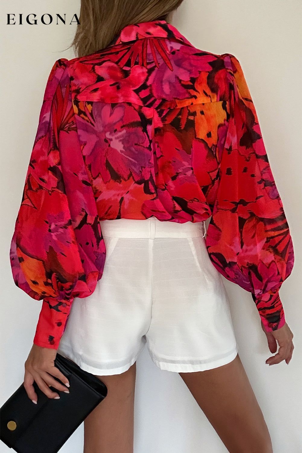 Red Floral Print Lantern Sleeve Shirt All In Stock clothes clothing long sleeve shirts long sleeve top Occasion Daily Print Floral Season Spring shirt shirts Style Elegant top tops