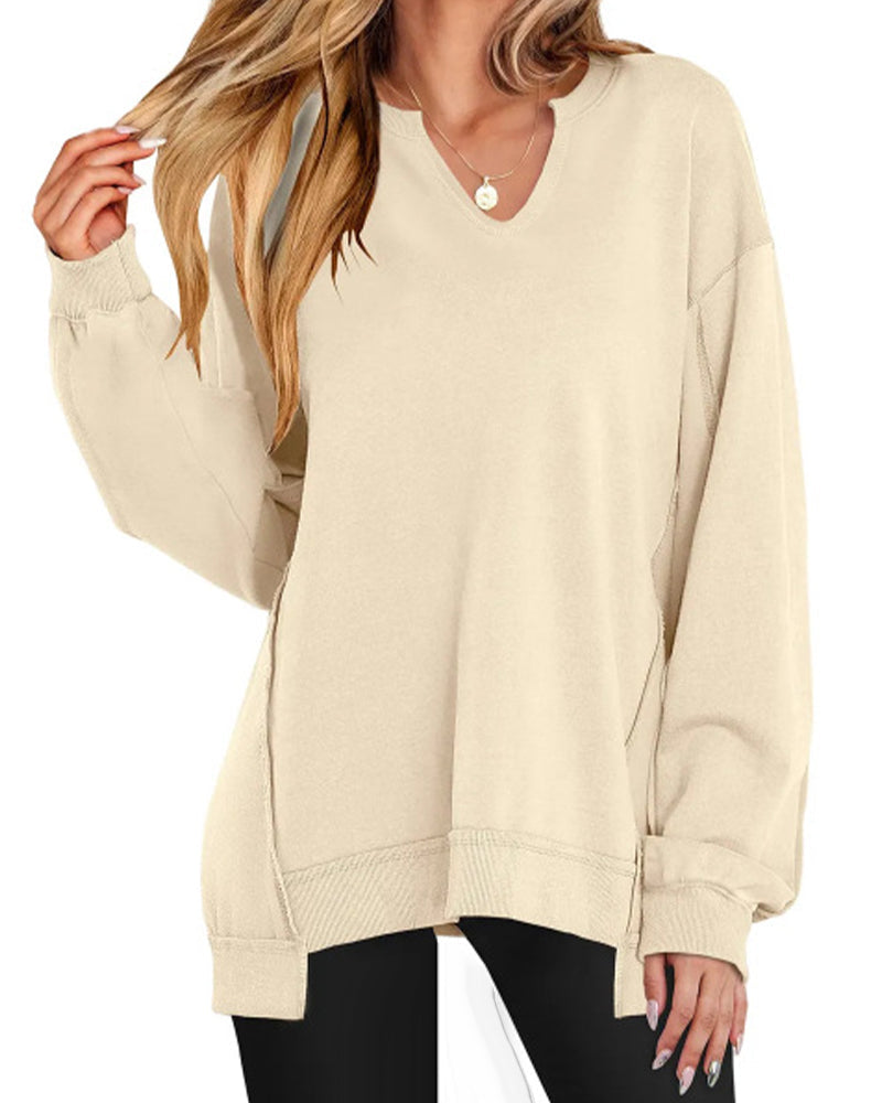 V-Neck Solid Color Loose Sweatshirt
